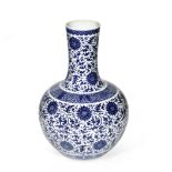 A LARGE BLUE AND WHITE 'LOTUS' BOTTLE VASE, TIANQIUPING Qianlong seal mark, late Qing Dynasty