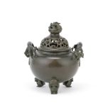 A BRONZE TRIPOD INCENSE BURNER AND COVER 19th/20th century