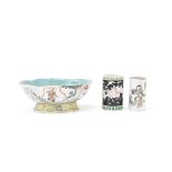 A FAMILLE ROSE FOOTED BOWL AND TWO BRUSHPOTS Late Qing Dynasty (3)