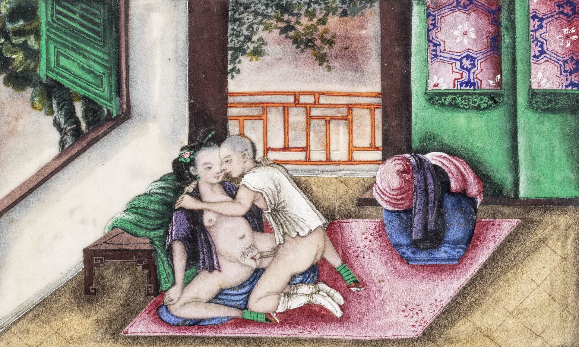 A GROUP OF FOUR EROTIC PITH PAPER PAINTINGS 19th century (4)