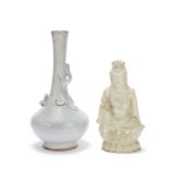 A SHIWAN CRACKLE GLAZED POTTERY MODEL OF GUANYIN AND A CRACKLE GLAZED VASE 19th century (2)