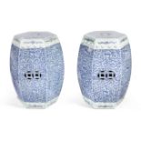 A PAIR OF HEXAGONAL BLUE AND WHITE GARDEN STOOLS 19th century (2)