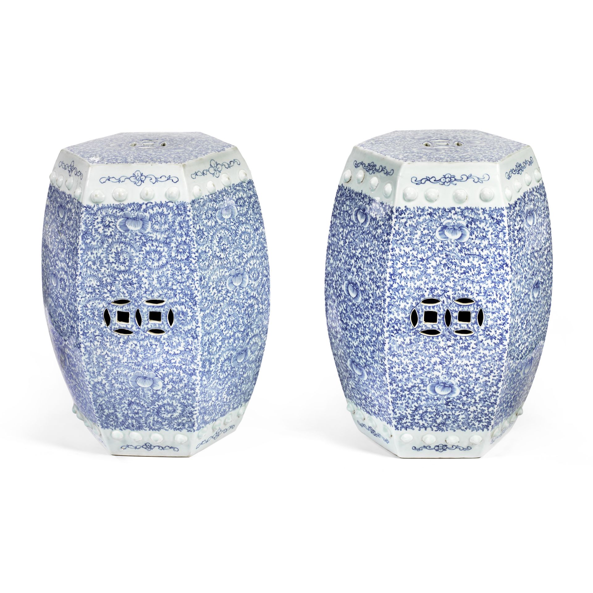 A PAIR OF HEXAGONAL BLUE AND WHITE GARDEN STOOLS 19th century (2)