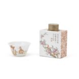 A FAMILLE ROSE SQUARE CADDY AND AN IRON RED AND GILT 'LI BAI' TEA BOWL Republic Period (2)