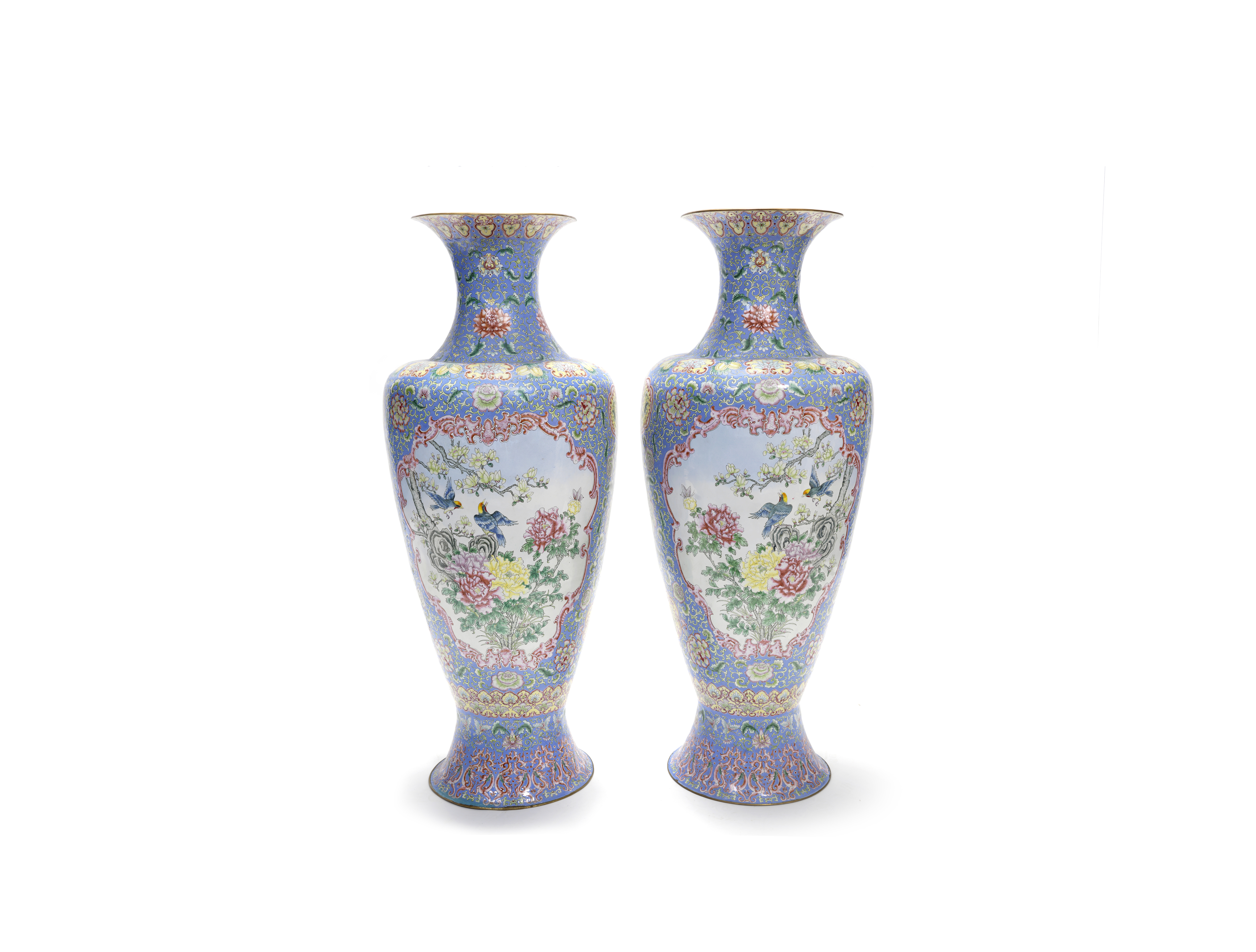 A VERY LARGE PAIR OF PAINTED ENAMEL VASES 20th century (2)