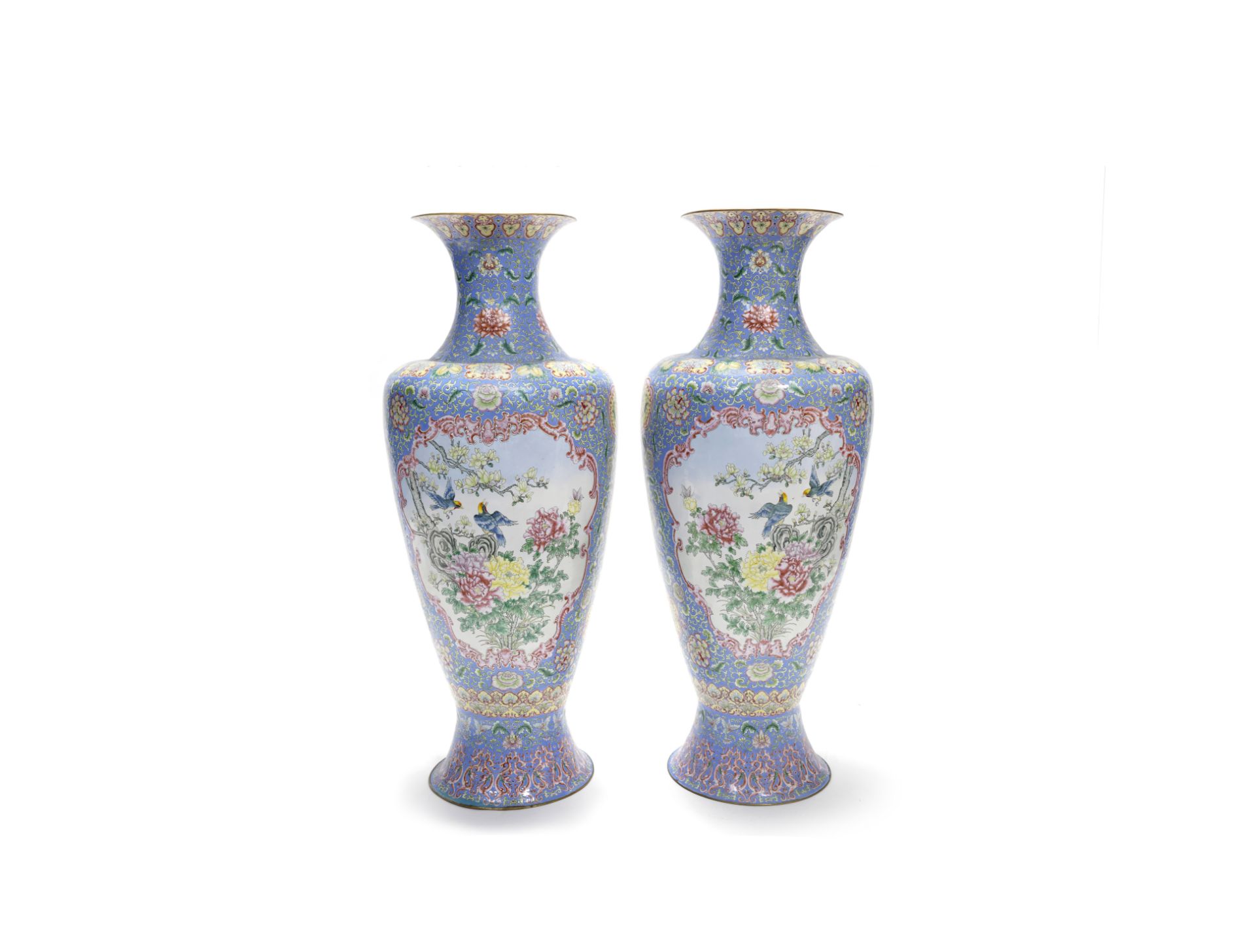 A VERY LARGE PAIR OF PAINTED ENAMEL VASES 20th century (2)