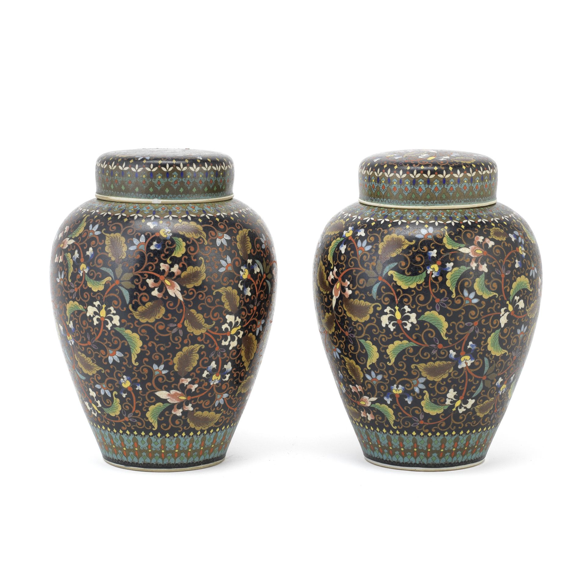 A PAIR OF CLOISONN&#201;-ENAMEL ON PORCELAIN VASES AND COVERS By Takeuchi Chubei, Meiji Period (4)