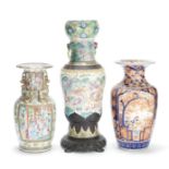 TWO CANTON FAMILLE ROSE VASES AND AN IMARI VASE 19th century (3)