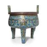 A MASSIVE CLOISONN&#201; ENAMEL TRIPOD INCENSE BURNER, DING Late Qing Dynasty