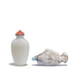 A PALE GREEN JADE SNUFF BOTTLE AND A CARVED FISH-FORM SNUFF BOTTLE 18th/19th century (4)