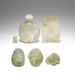 A SELECTION OF JADE AND JADEITE CARVINGS AND TWO SNUFF BOTTLES 19th and 20th century (6)