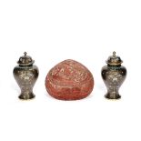 A CINNABAR LACQUER 'PEACH' BOX AND COVER AND A PAIR OF CLOISONN&#201; ENAMEL VASES AND COVERS 19t...