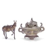 A PARCEL GILT BRONZE MULE AND A BRONZE INCENSE BURNER, COVER AND STAND 18th century and later (4)