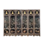 A JADE AND HARDSTONE INSET SIX-LEAF LACQUER SCREEN The screen late Qing Dynasty, the jades 18th/...