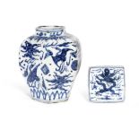 A BLUE AND WHITE HEXAGONAL 'CRANES' JAR AND A BLUE AND WHITE SQUARE INK STONE Ming Dynasty and la...