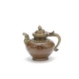 A COPPER ALLOY EWER AND COVER WITH SILVER-INLAID BRASS MOUNTS 19th/20th century