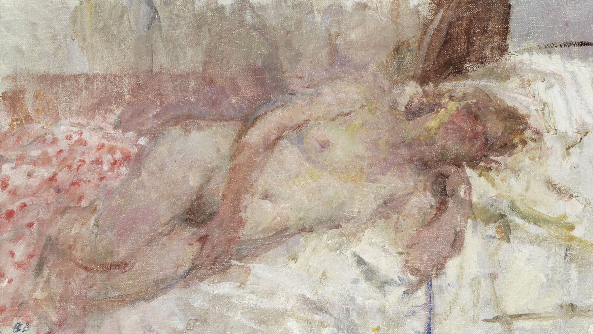 Bernard Dunstan R.A., R.W.A., N.E.A.C., H.P.S. (British, 1920-2017) Nude with Pink Bedspread