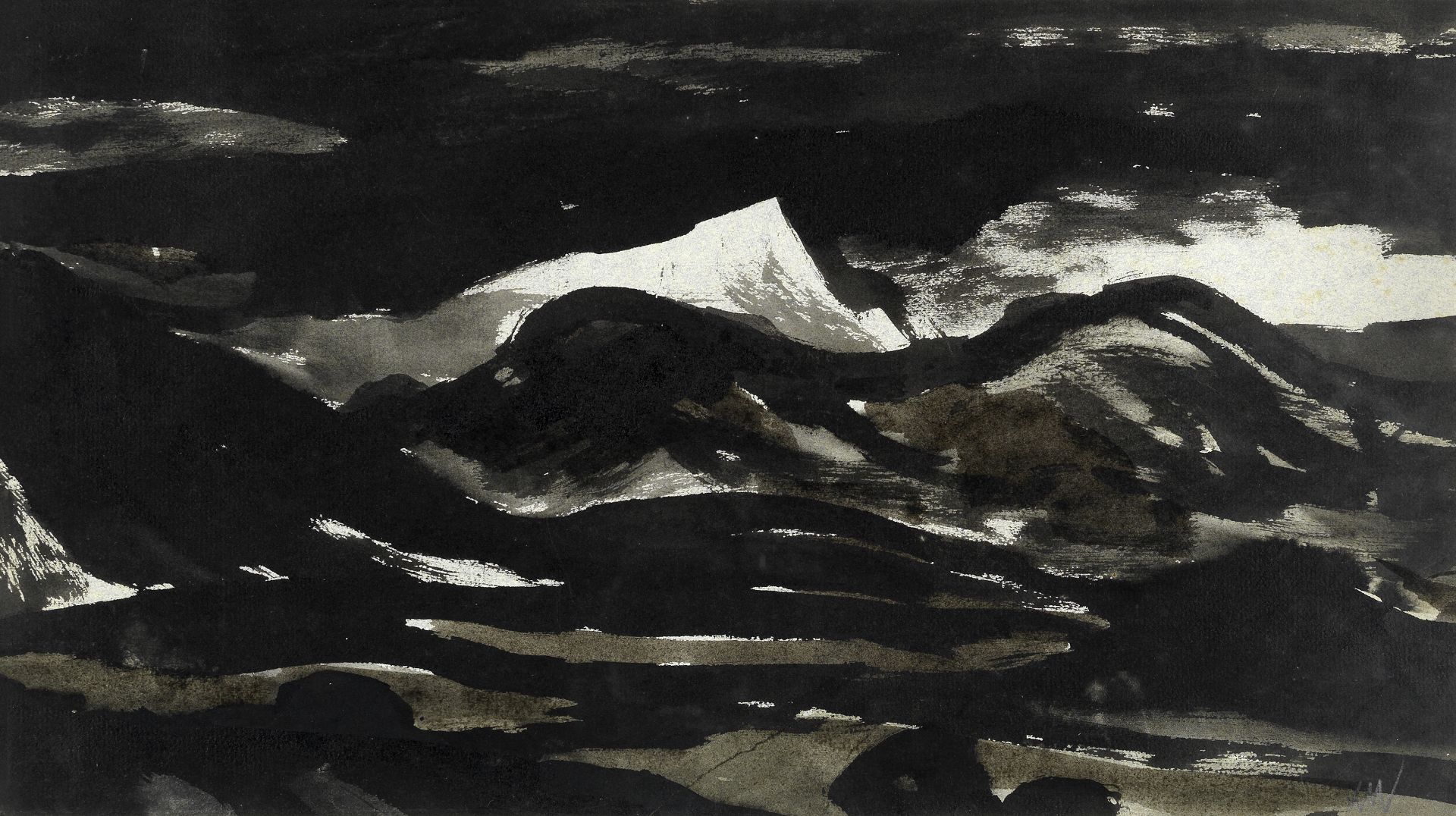 Sir Kyffin Williams R.A. (British, 1918-2006) Snowdon (with a further ink portrait of a man to th...