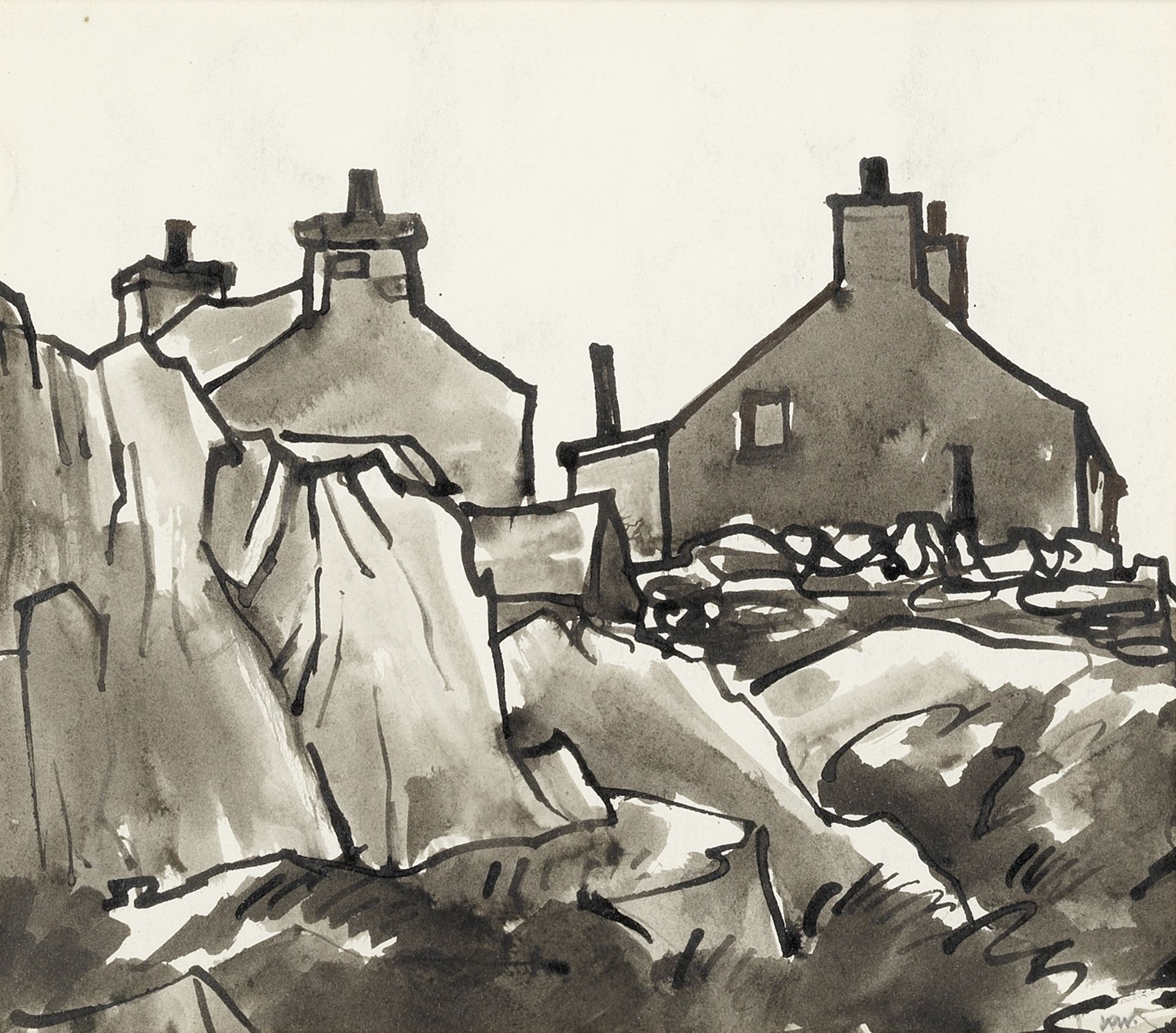 Sir Kyffin Williams R.A. (British, 1918-2006) Houses, Bryn Refail