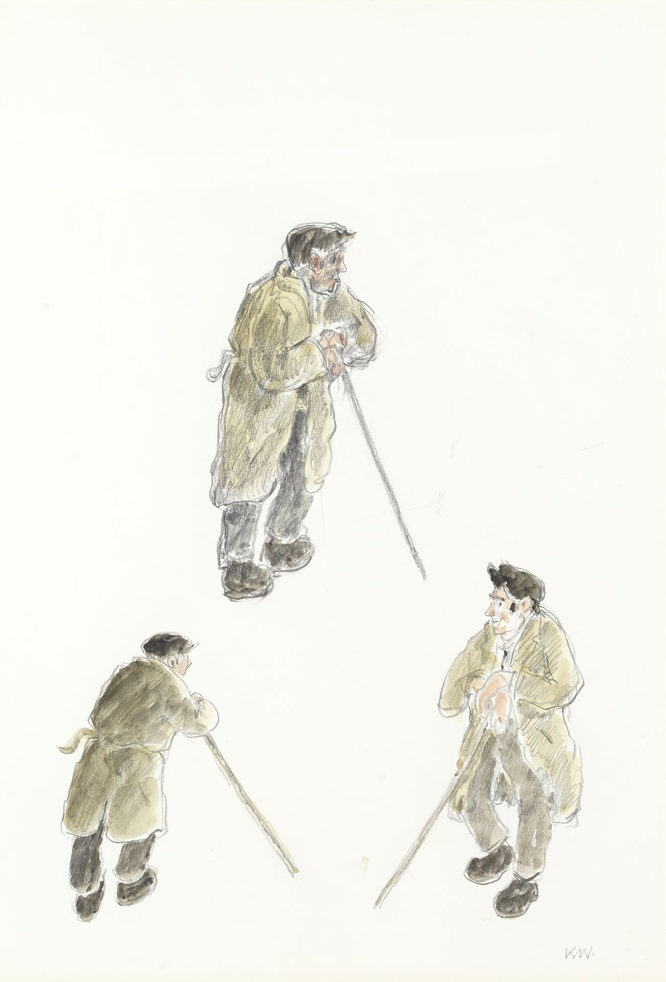 Sir Kyffin Williams R.A. (British, 1918-2006) Three Farmers (with a further pencil and watercolou...