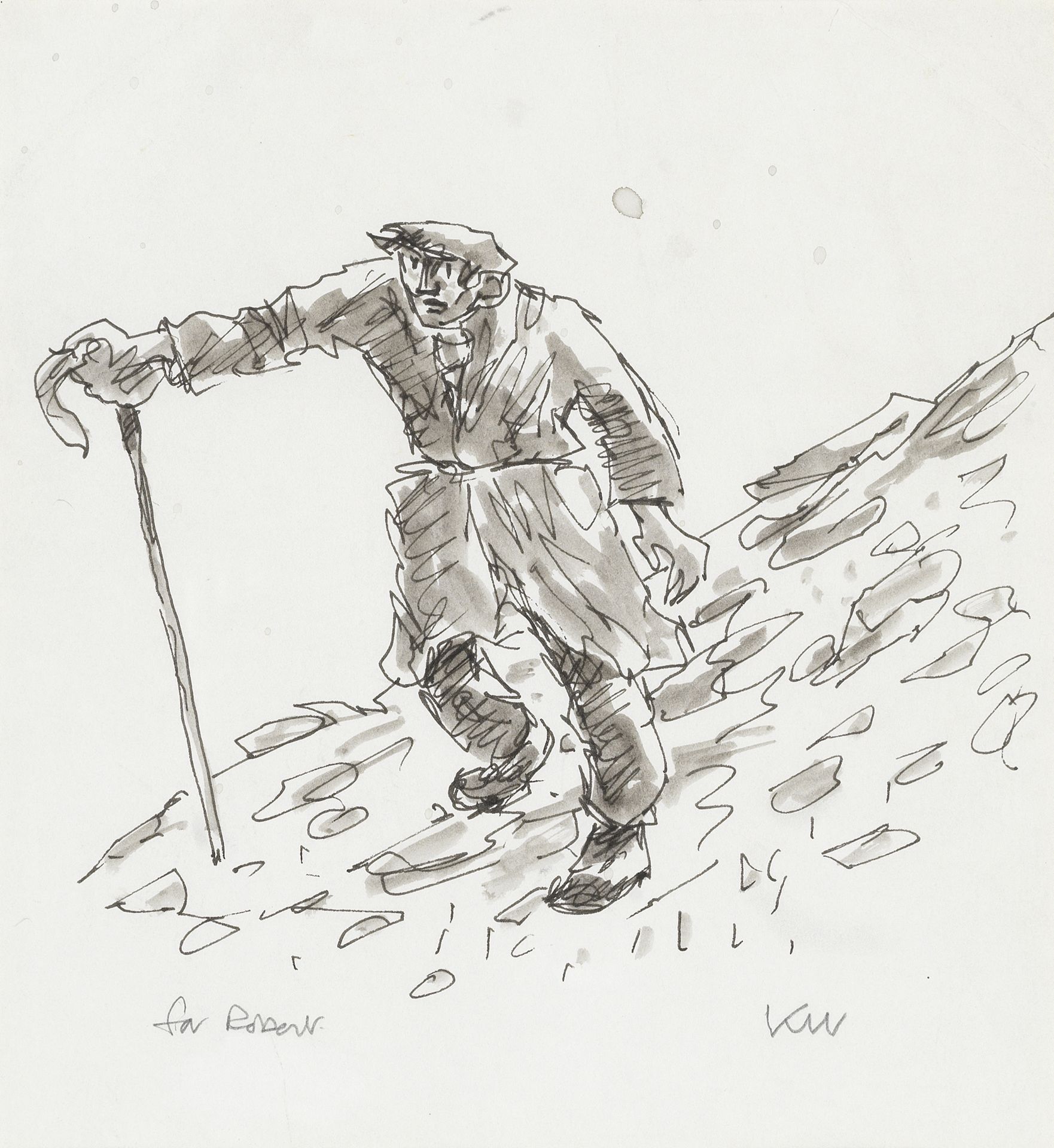 Sir Kyffin Williams R.A. (British, 1918-2006) Shepherd Walking Down a Hill (with a further pencil...