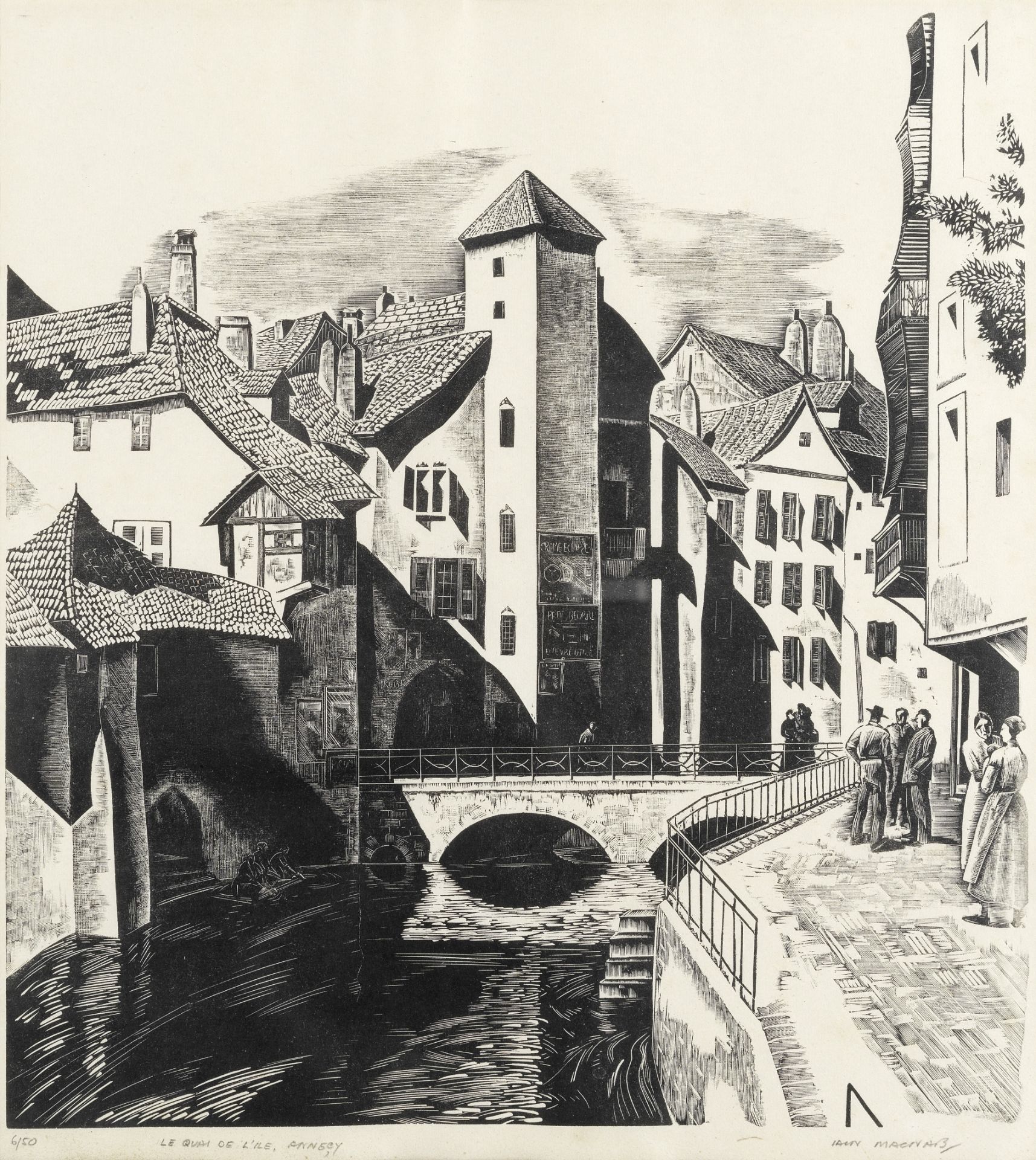 Iain MacNab (British, 1890-1967) Le Quai de L'ile, Annecy Wood engraving, circa 1929, on thin ori...