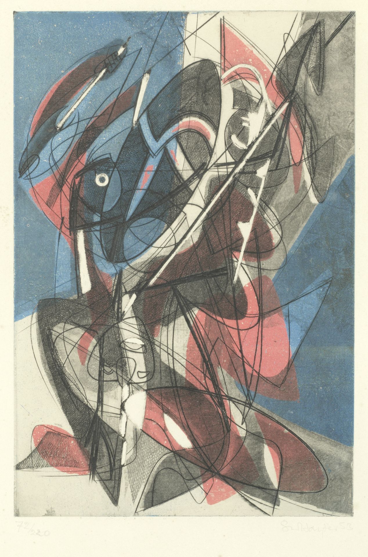 Stanley William Hayter (British, 1901-1988) Combat Etching and aquatint printed in colours, 1953,...