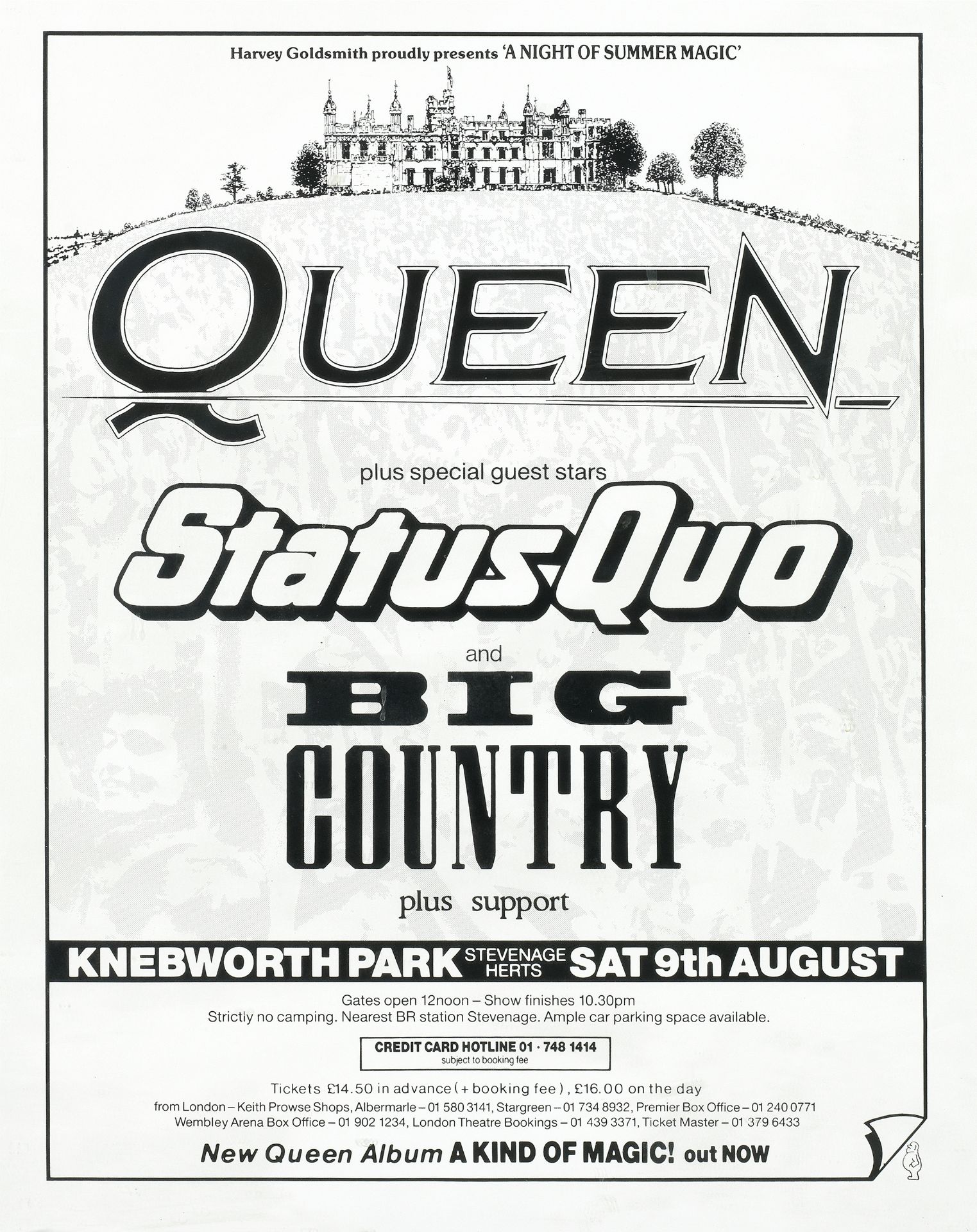 Queen/Status Quo: a British promotional poster for Queen, Status Quo and Big Country, 9th August...