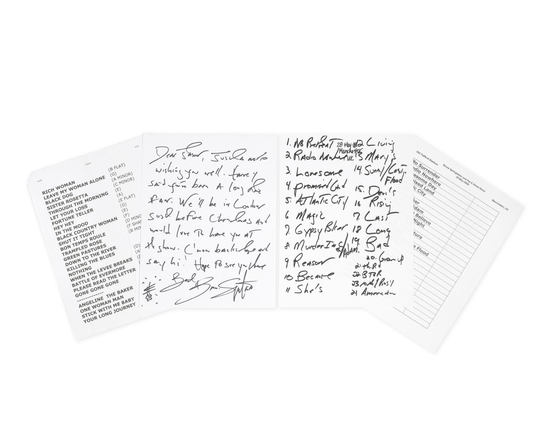 Bruce Springsteen: A Handwritten Letter and Set-List by Bruce Springsteen, May 2008,