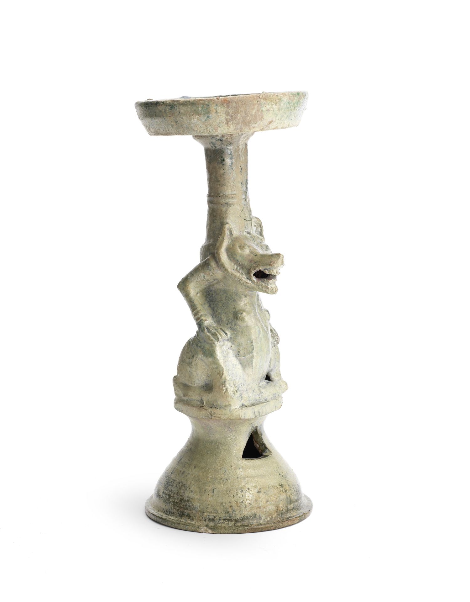 A RARE LARGE GREEN-GLAZED POTTERY 'BEAR' LAMP STAND Eastern Han Dynasty