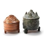 TWO GLAZED TRIPOD 'HILL' INCENSE BURNERS AND COVERS Eastern Han Dynasty (4)