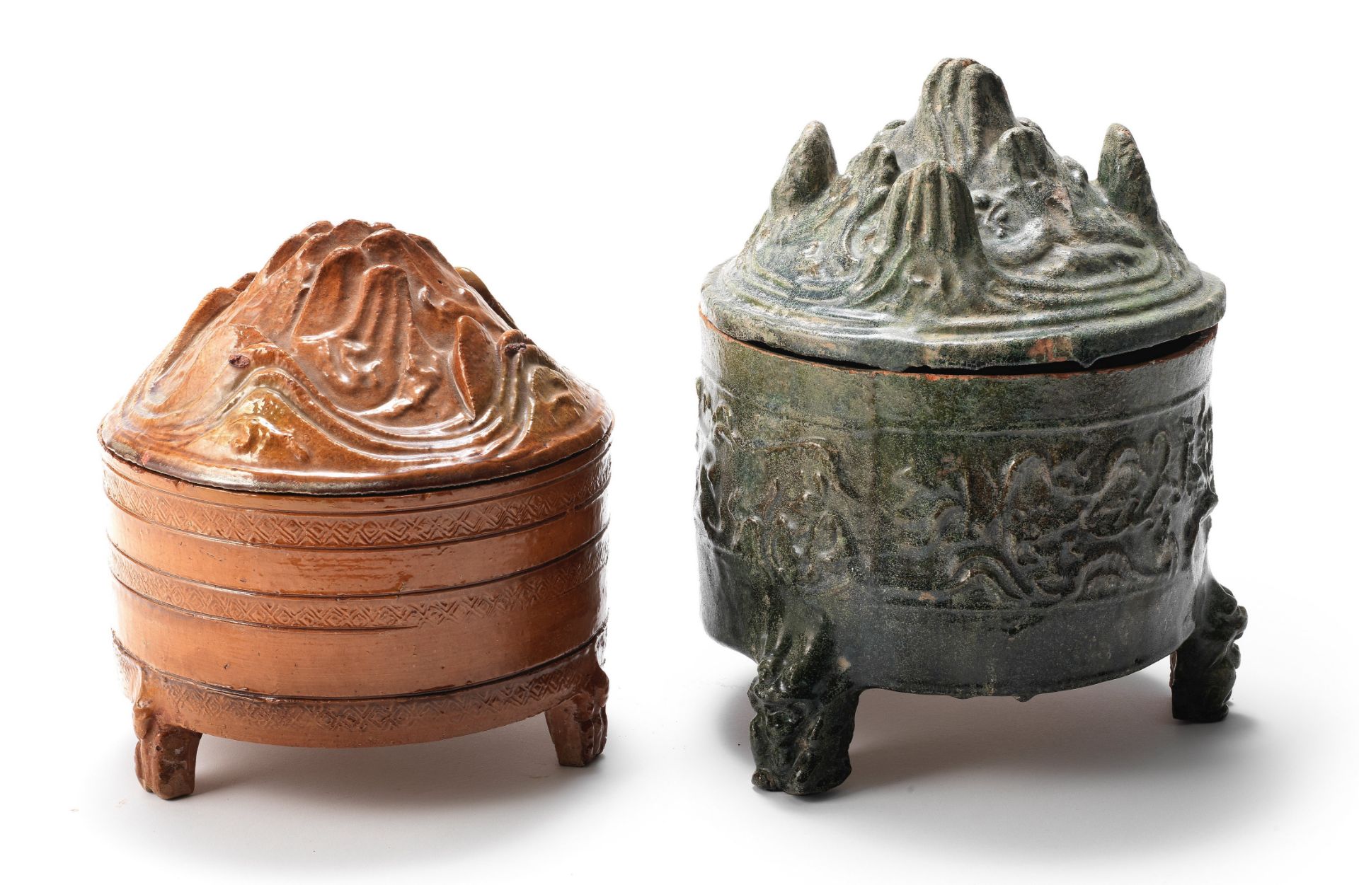 TWO GLAZED TRIPOD 'HILL' INCENSE BURNERS AND COVERS Eastern Han Dynasty (4)
