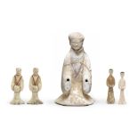 FIVE PAINTED POTTERY FIGURES OF ATTENDANTS Western Han Dynasty (5)
