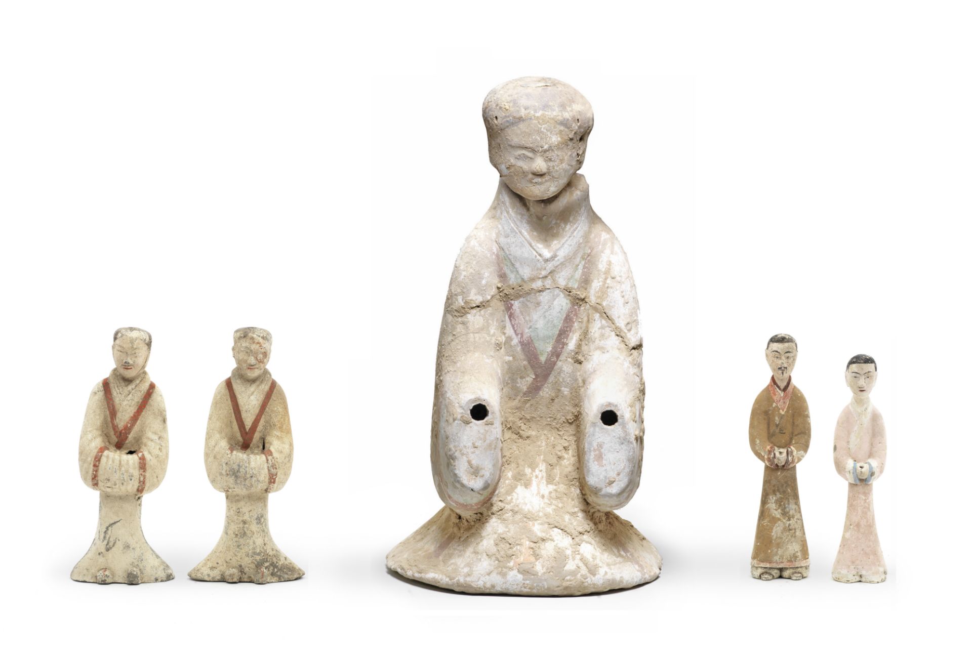 FIVE PAINTED POTTERY FIGURES OF ATTENDANTS Western Han Dynasty (5)