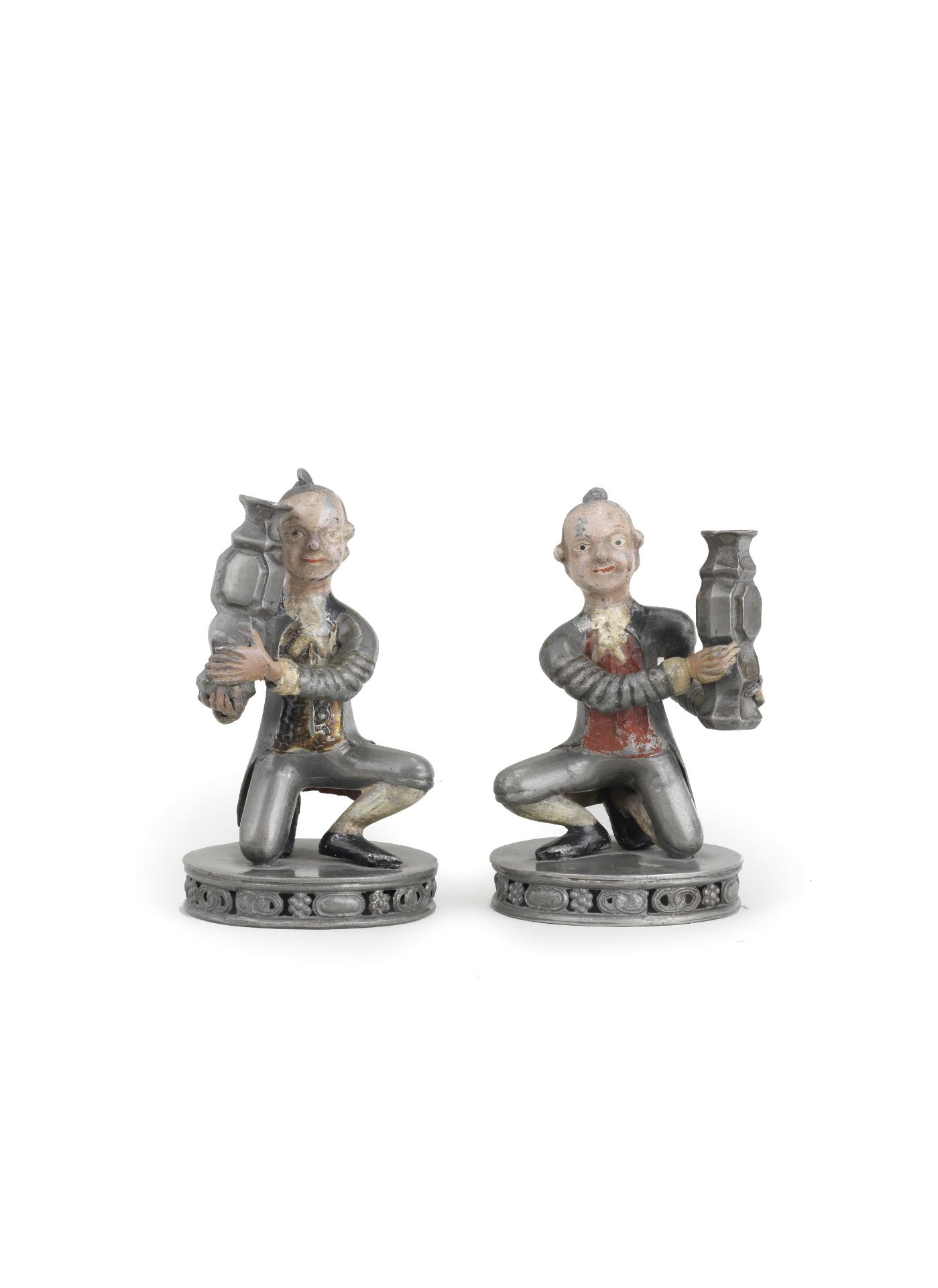 AN UNUSUAL PAIR OF PAINTED PEWTER FIGURES OF EUROPEAN TRIBUTE BEARERS 18th century (2)