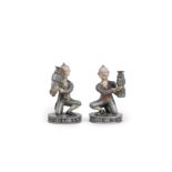 AN UNUSUAL PAIR OF PAINTED PEWTER FIGURES OF EUROPEAN TRIBUTE BEARERS 18th century (2)