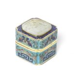 A RARE CLOISONN&#201; ENAMEL JADE-INSET SQUARE BOX AND COVER The box early 18th century, the plaq...