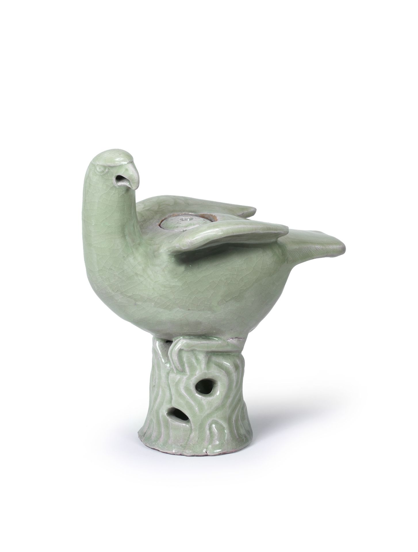 AN UNUSUAL LONGQUAN CELADON-GLAZED 'PARROT' INCENSE BURNER AND COVER Ming dynasty