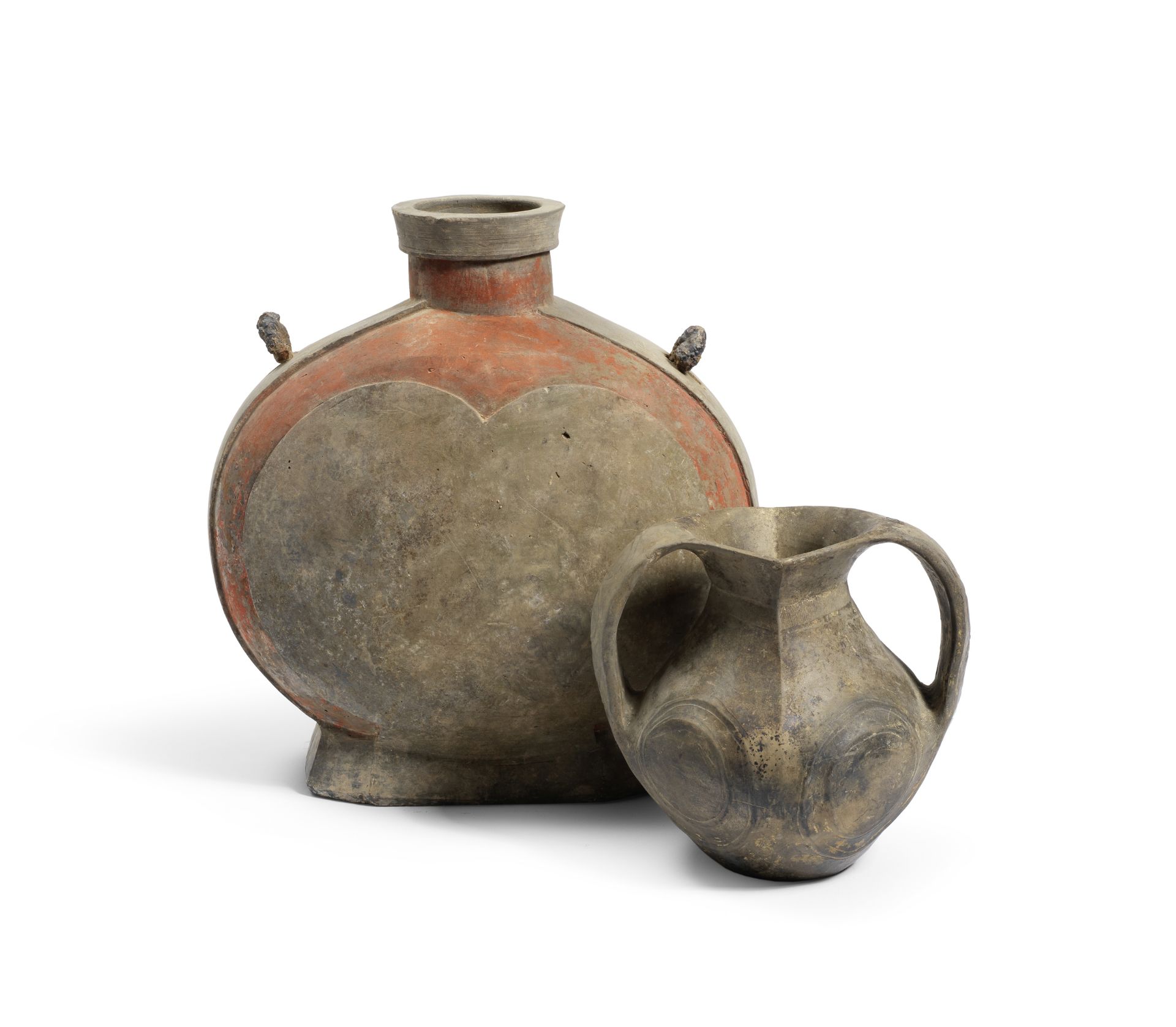 A PAINTED GREY POTTERY FLASK, BIANHU, AND A BURNISHED GREY POTTERY AMPHORA VASE Han Dynasty (2)