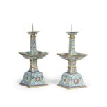 A PAIR OF CLOISONN&#201; ENAMEL AND GILT-BRONZE SQUARE PRICKET CANDLESTICKS Qianlong (2)