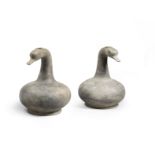 AN UNUSUAL PAIR OF GREY POTTERY GOOSE-HEAD BOTTLE VASES Han Dynasty (2)