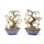 A PAIR OF PAINTED ENAMEL QUATREFOIL JARDINI&#200;RES WITH JADE AND HARDSTONE TREES The jardini&#2...