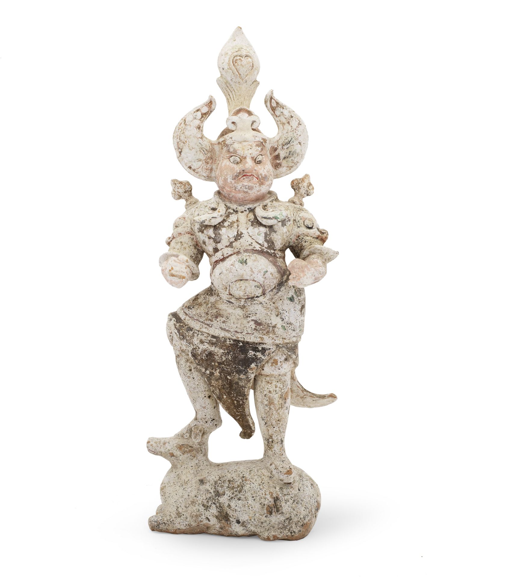 A LARGE PAINTED POTTERY FIGURE OF A LOKAPALA Tang Dynasty (2)