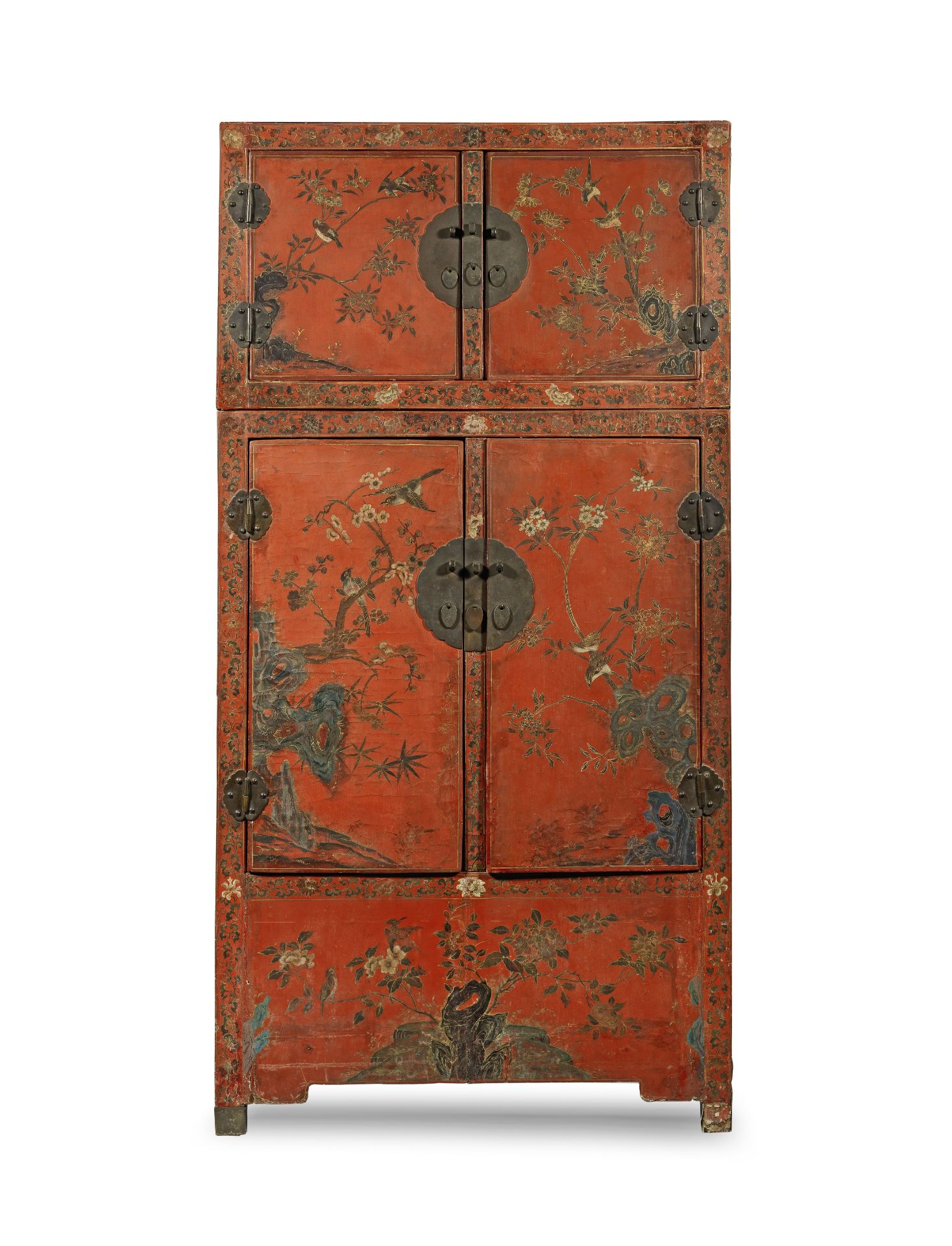 A RARE AND LARGE PAINTED AND GILT-DECORATED RED LACQUER COMPOUND CABINET, DINGXIANGLIGUI Late Min...