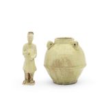 A STRAW-GLAZED JAR AND A STRAW-GLAZED FIGURE OF AN ATTENDANT Northern Qi Dynasty (2)