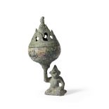 AN UNUSUAL BRONZE 'KNEELING ENTERTAINER' INCENSE BURNER AND COVER, BOSHANLU Han Dynasty (2)