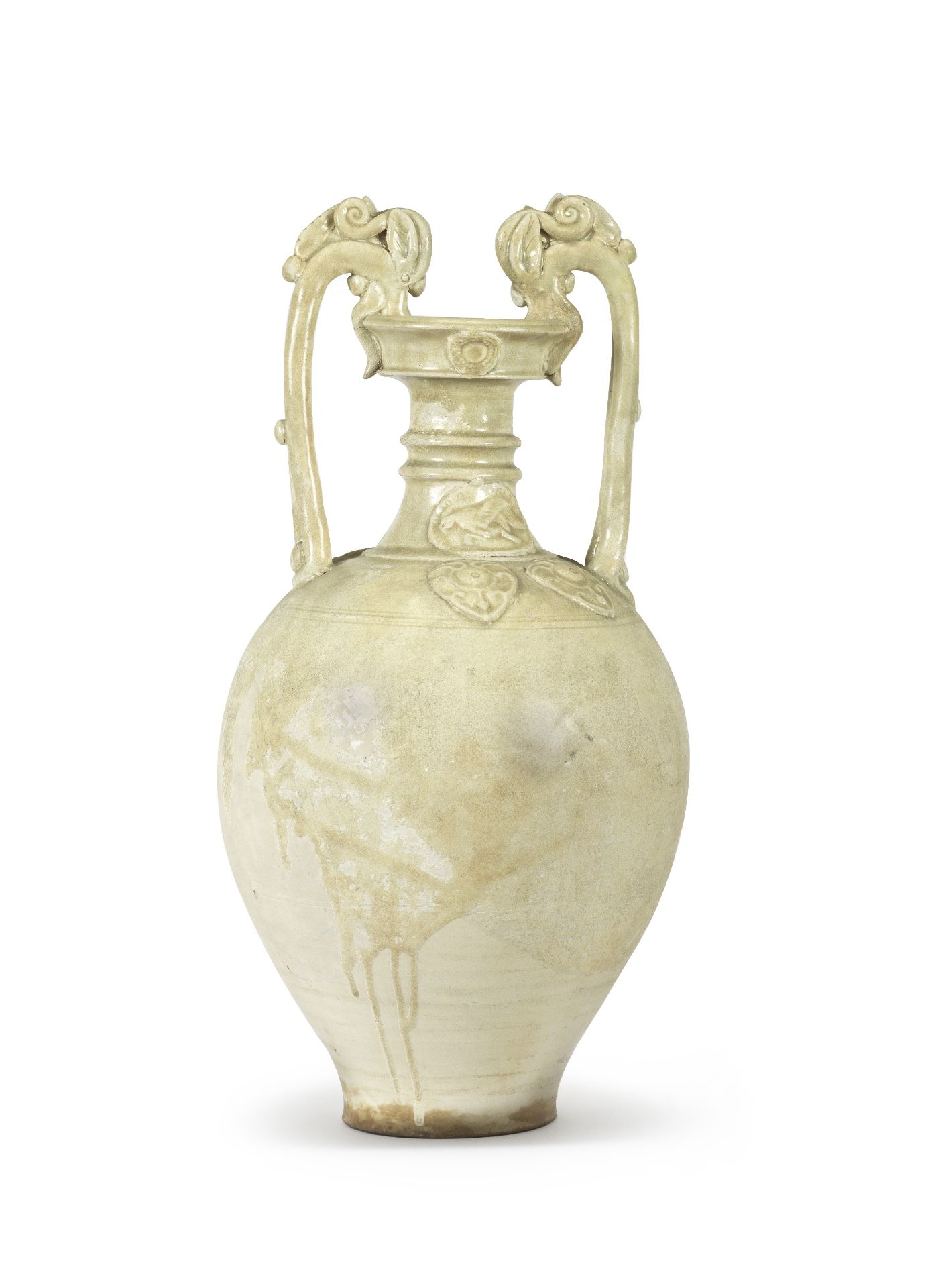 A RARE CREAM-GLAZED TWO-HANDLED AMPHORA VASE Tang Dynasty