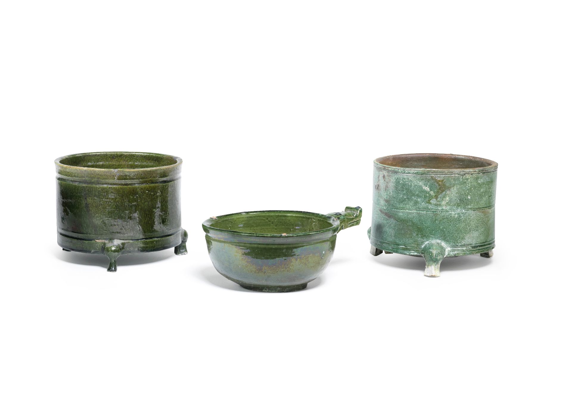 THREE GREEN-GLAZED VESSELS Eastern Han Dynasty (3)