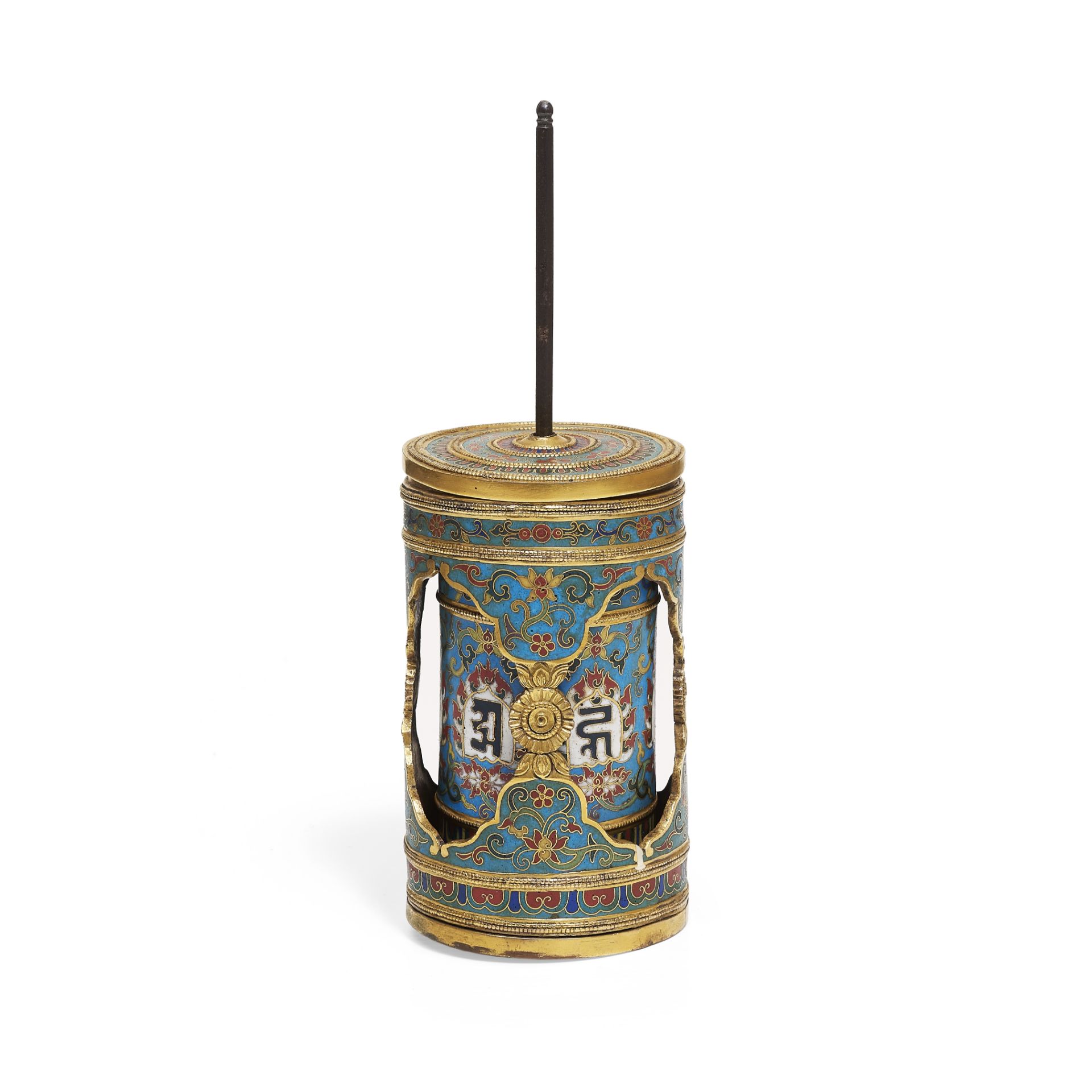 A CLOISONN&#201; ENAMEL TIBETAN-STYLE PRAYER WHEEL Qianlong