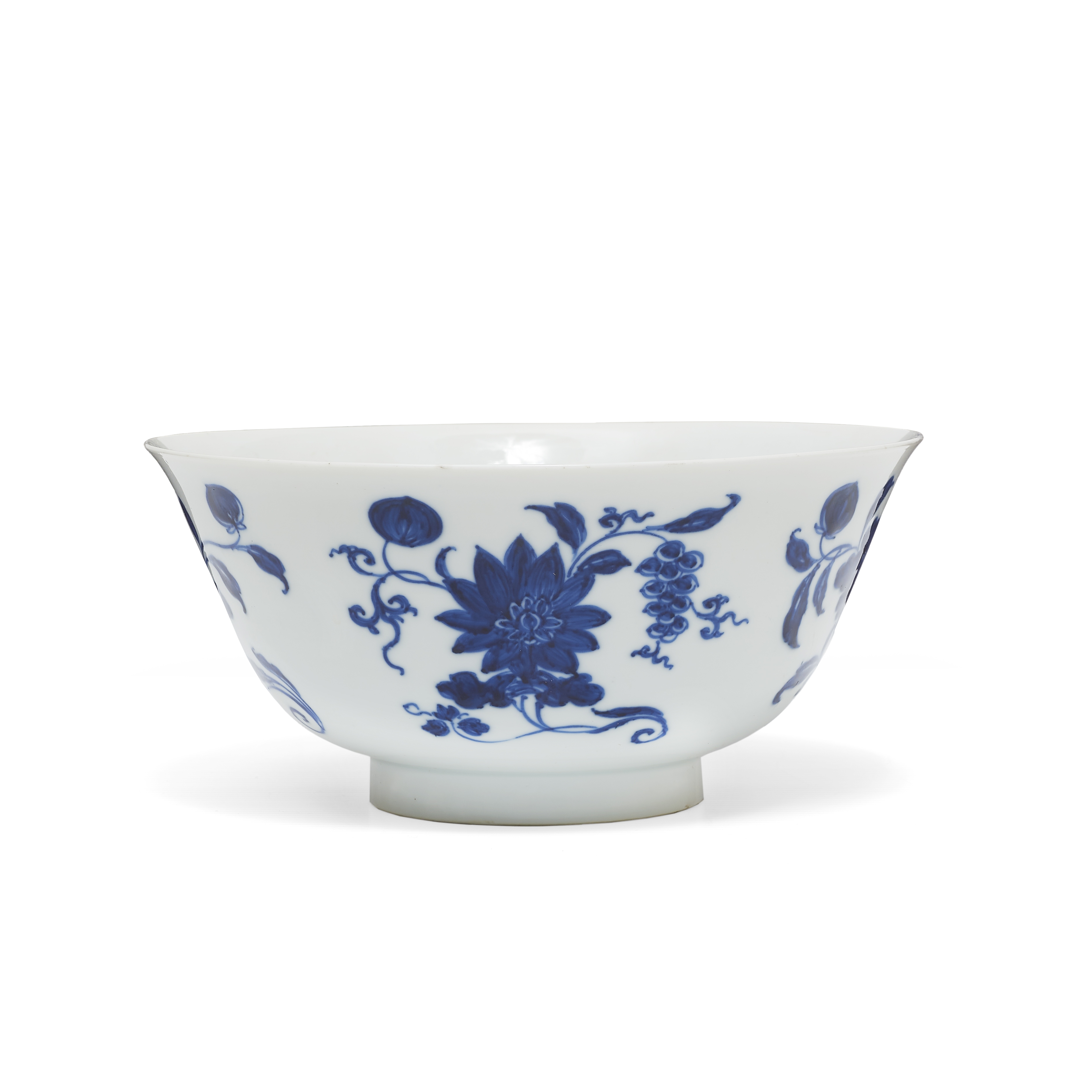 A BLUE AND WHITE 'MUSK-MALLOW, LOTUS AND POMEGRANATE' BOWL Jiajing six-character mark, Kangxi/Yo...